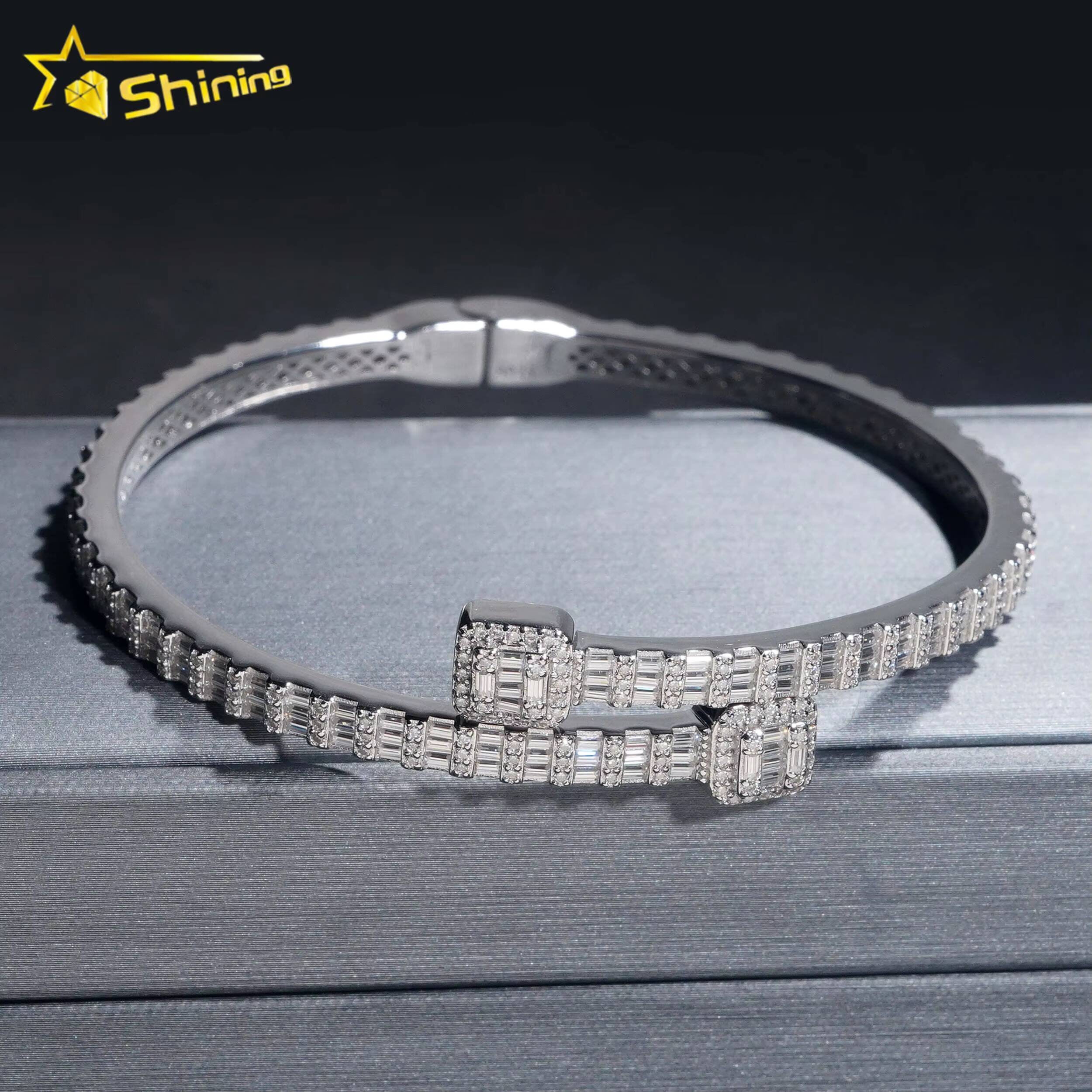 Ready Shipping Fine Jewelry S925 Silver Gold Plated VVS Baguette Moissanite Diamond Bangle Bracelet GRA Certificated