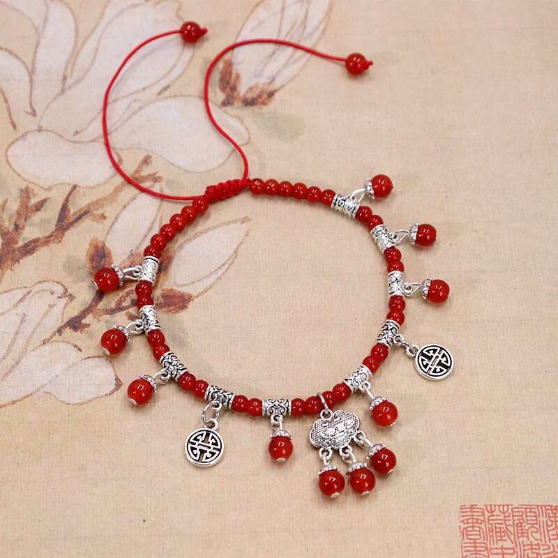 New Women's Summer String Natural Red Agate Vintage Peace Lock Tassel Bell Zodiac Year Anklet Accessories