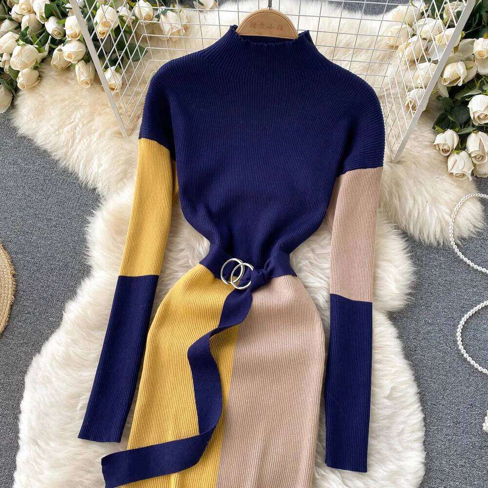 YuooMuoo Women 2025 Autumn Winter Color Patchwork Long Sleeve Knitted Sweater Dress with Belt Lady Bodycon Party Dresses XJ260131
