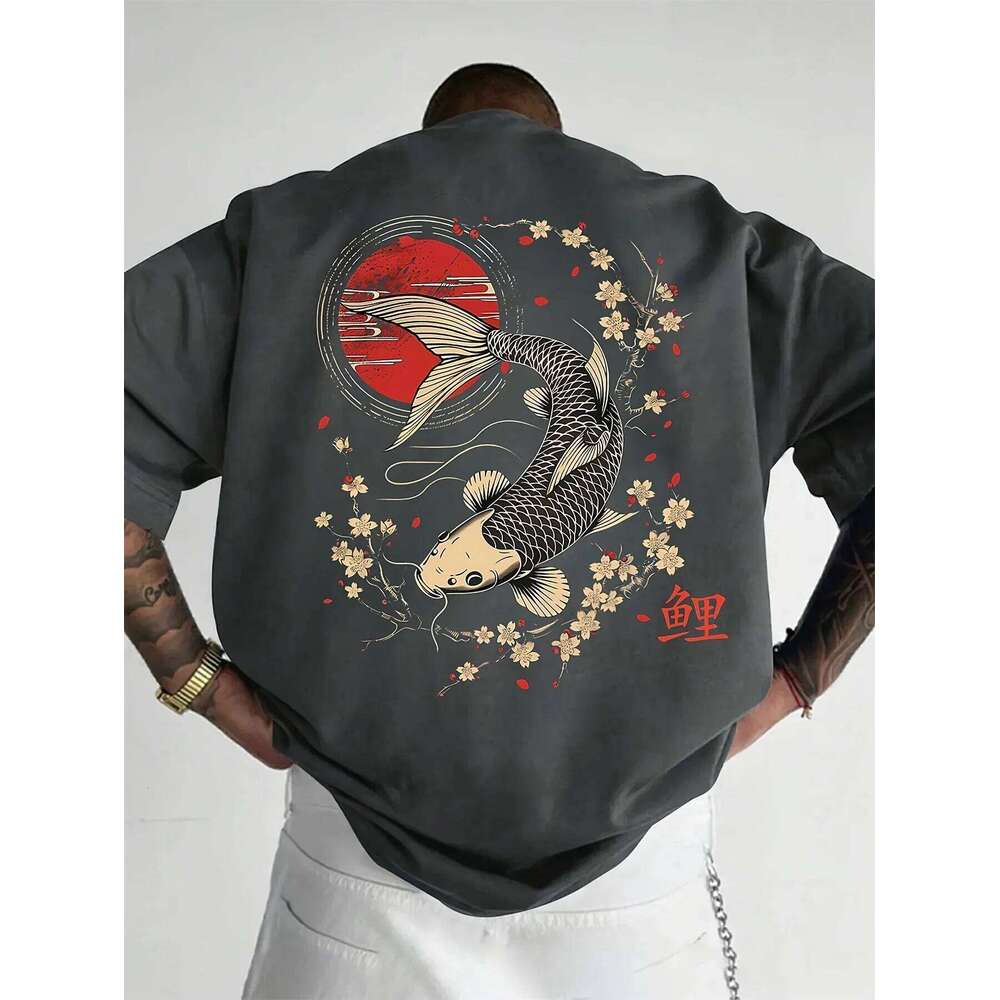 Japanese-style Koi Fish Men's T-shirt with Traditional Cherry Blossom and Sun Print Casual Oriental Style Summer Top C260131