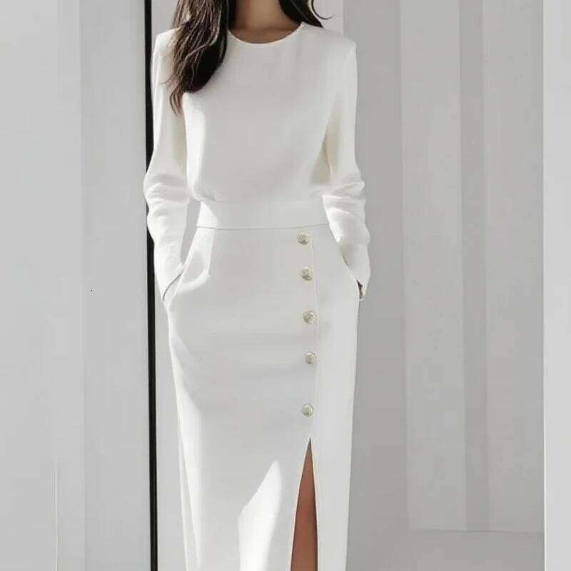 Women's New Solid Color Round Neck Long Sleeve Waist Tying Buttons Decoration Slit Dress Elegant Temperament Fashion Style XJ260131