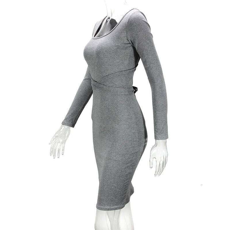 Daily Office Lady Dresses Women Sexy Square Neck Backless Wrap Hip Solid Color Long Sleeves Comfortable Streetwear Dress XJ260131