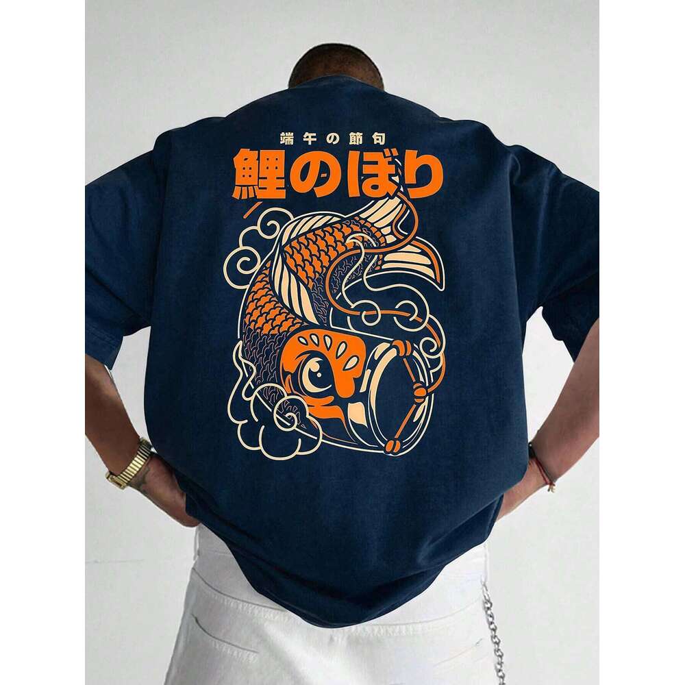 2025 Summer Casual Short Sleeve T-Shirt Japanese Koi Fish Cloud Print Navy Blue with Orange Artwork Men Clothing C260131