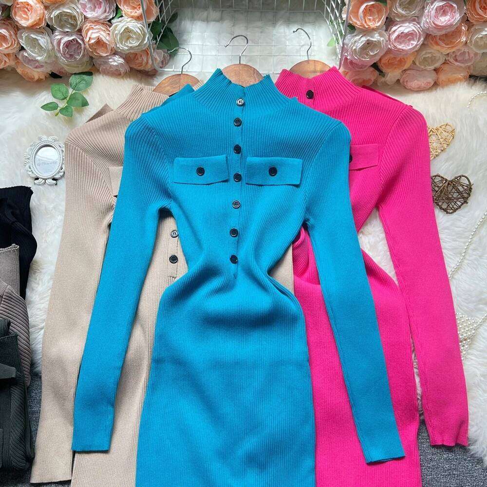 YuooMuoo Chic Fashion Sexy Wrap Hips Knitted 2025 Autumn Winter Turtleneck Buttons Bodycon Sweater Dress Streetwear Outfit XJ260131