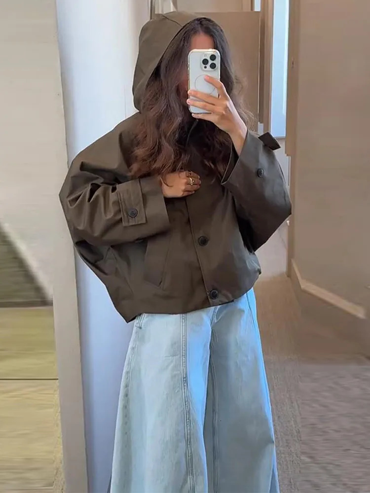 Casual Womens Hooded Cropped Trench Coat Loose Lapel Single Breasted Full Sleeve Jacket Female 2025 Autumn Lady Street Outwears 260120