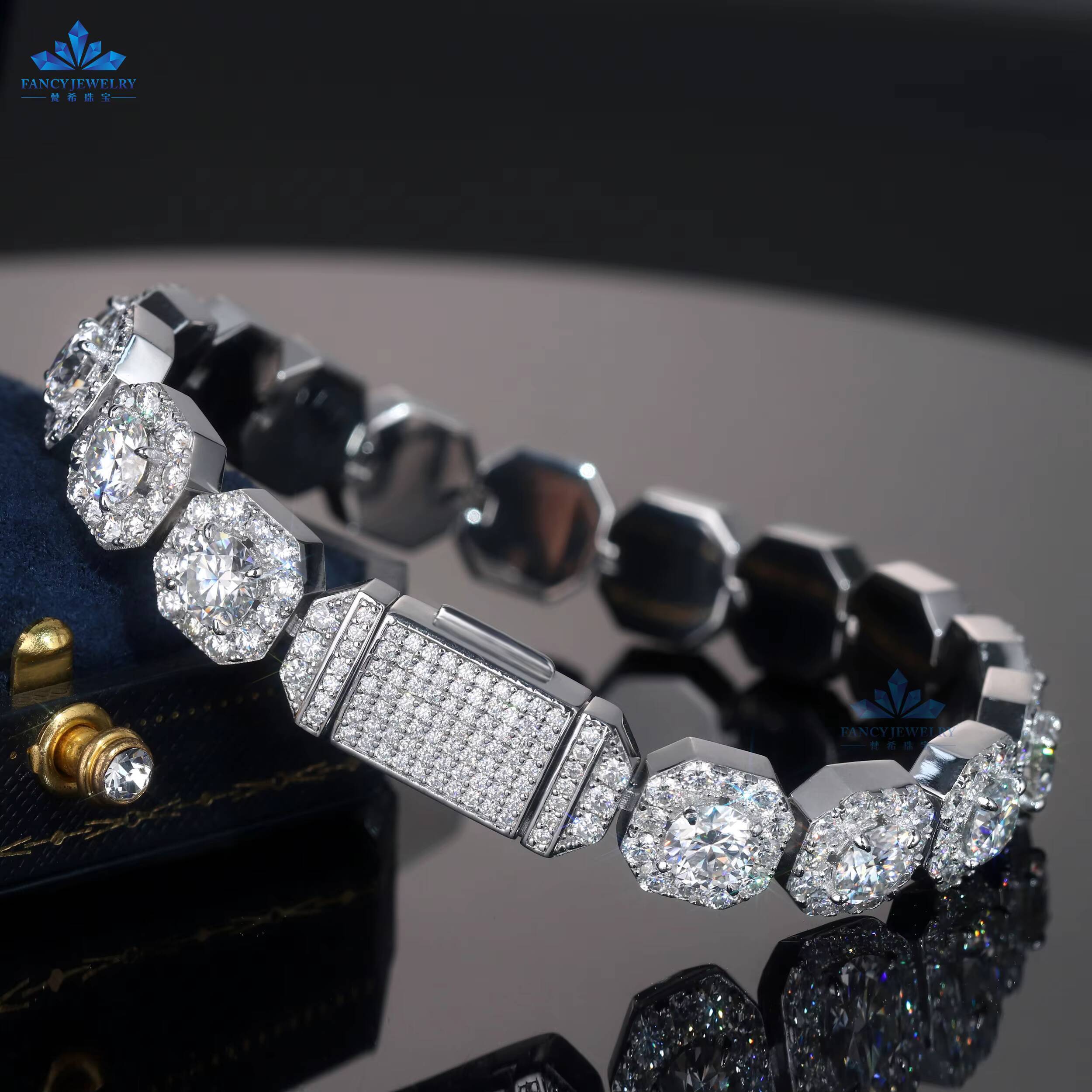 High Quality Micro Clustered Square Tennis Moissanite Chain 11mm 8inch Iced Out 925 Sterling Silver Moissanite Bracelet