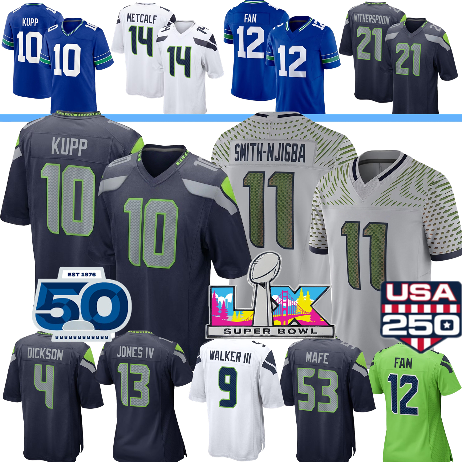 Seattle Football Jersey Jalen Milroe Seahawkses Sam Darnold Fan Cooper Kupp Jaxon Smith-Njigba Devon Witherspoon DeMarcus Lawrence Leonard Williams Walker III
