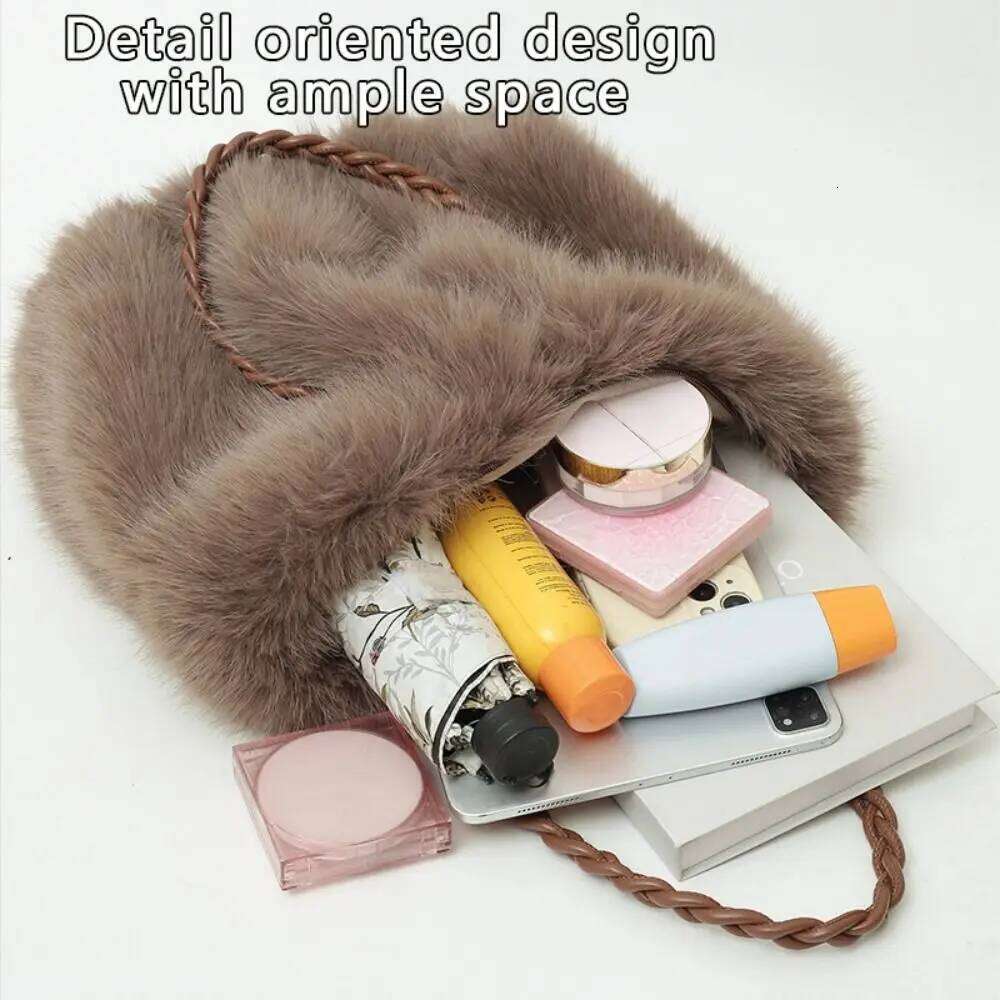 Women's Fashion Pleated Tote Bag Large Capacity Faux Fox Fur Commuting Bags Versatile High-end Fluffy Handbag XJ260131