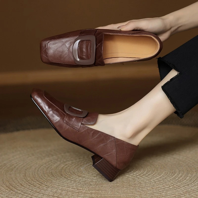 Woman Retro Shoes Square Toe Buckle Flats Simple Ladies High Quality Cowhide Spring Autumn Handmade Vintage Size 260126