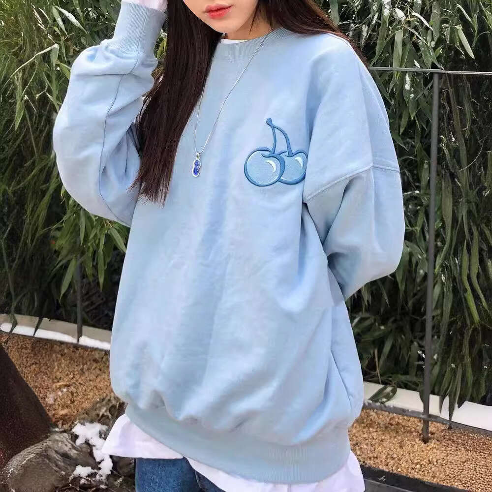 In Stock Korean Trendy Brand Cherry Embroidery Sweatshirt Pure Cotton Terry Round Neck Pullover Loose Long Sleeve Top For Women Spring And Autumn Wear