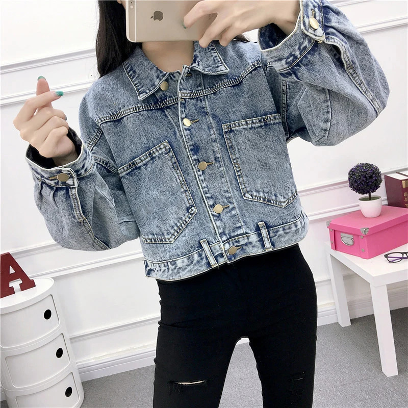 Jean Jacket for Women Spring Autumn Korean Bat Sleeved Short Top Loose BF Style Student Fashion Turndown Collar Denim Coat 260120