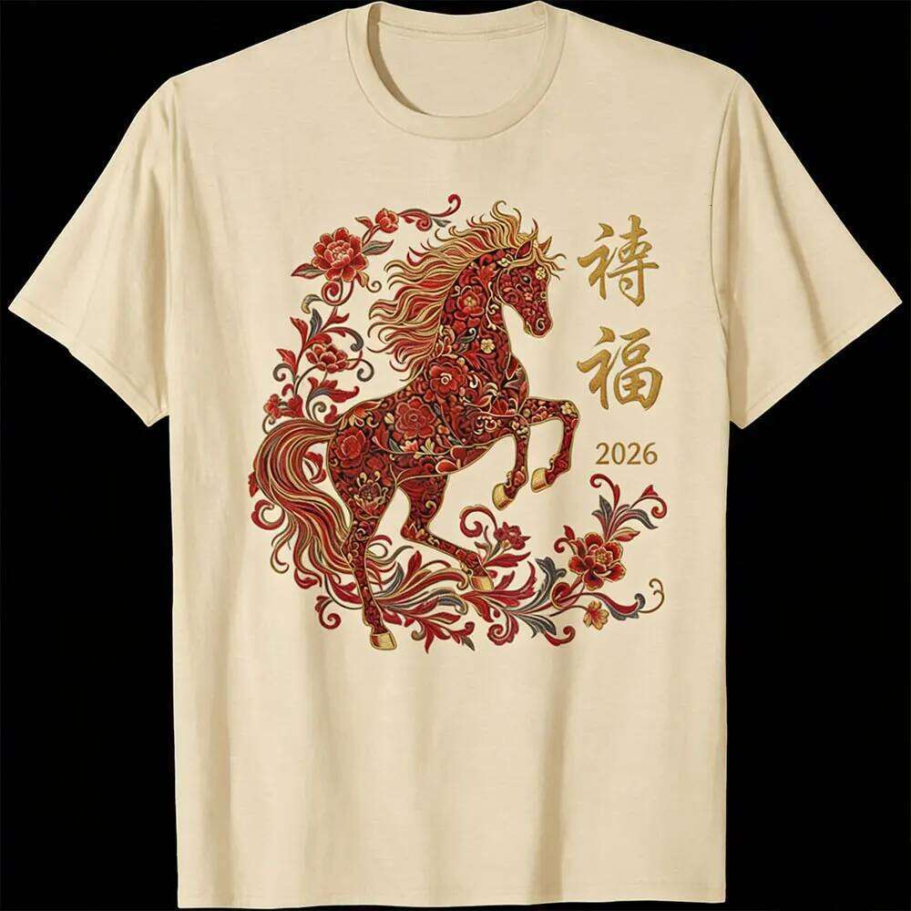 of The Horse 2026 Zodiac Men's Chinese Cotton T-Shirt New Year Party Gift Shirt Tops Winter Casual Men Clothing C260131