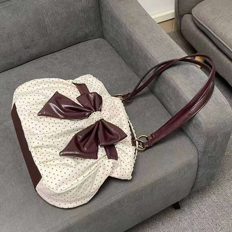 Sweet Bow Shoulder Retro Polka Dot Tote Fashion Women' Color Blocking Lace Canvas Bag Japanese Y2k Style Handbag XJ260130