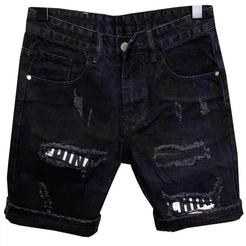 Summer Mens Black Hole Stickers Slim Denim Short Pants Korean Fashion Hip Hop Leggings Harajuku Men Jeans Shorts 260126