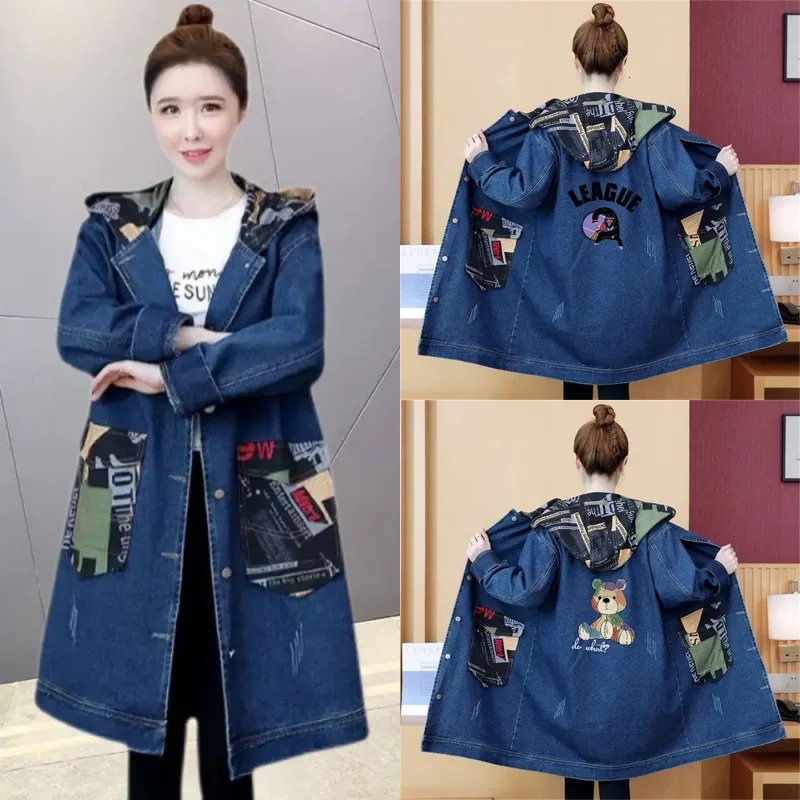 2025 Spring Autumn Denim Jacket Women Hooded Windbreaker Cartoon Printed Coat Long Outerwear Female Oversize 5XL Loose Overcoat 260120