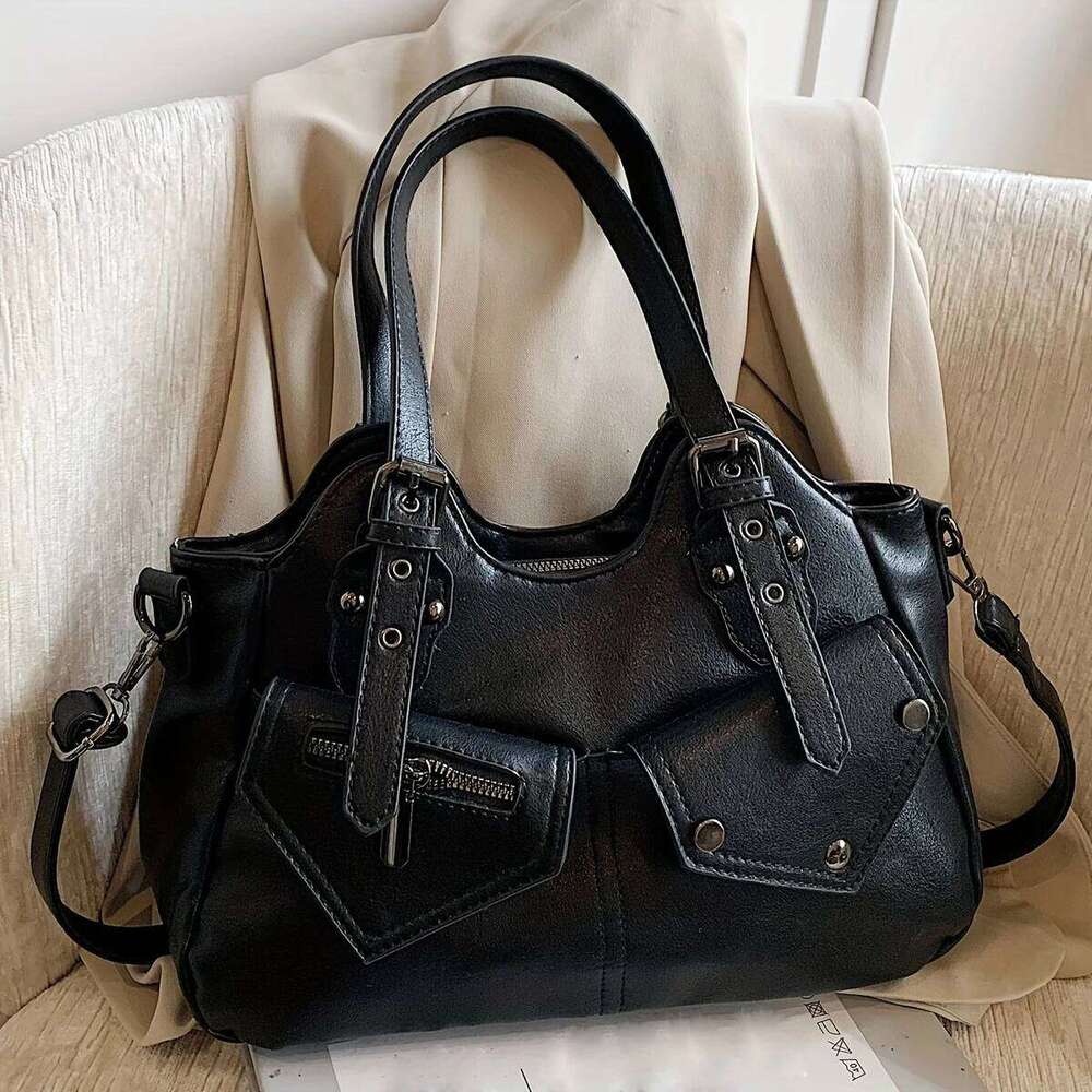 Retro simple solid color fashion trend large capacity tote niche design personality zipper decoration shoulder bag, XJ260130