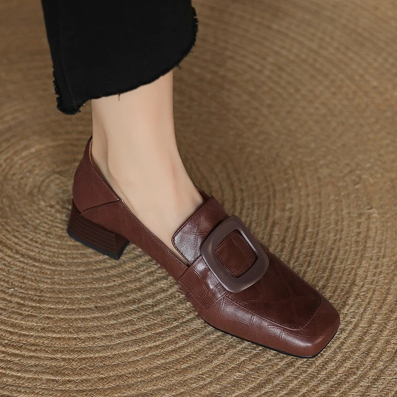 Woman Retro Shoes Square Toe Buckle Flats Simple Ladies High Quality Cowhide Spring Autumn Handmade Vintage Size 260126