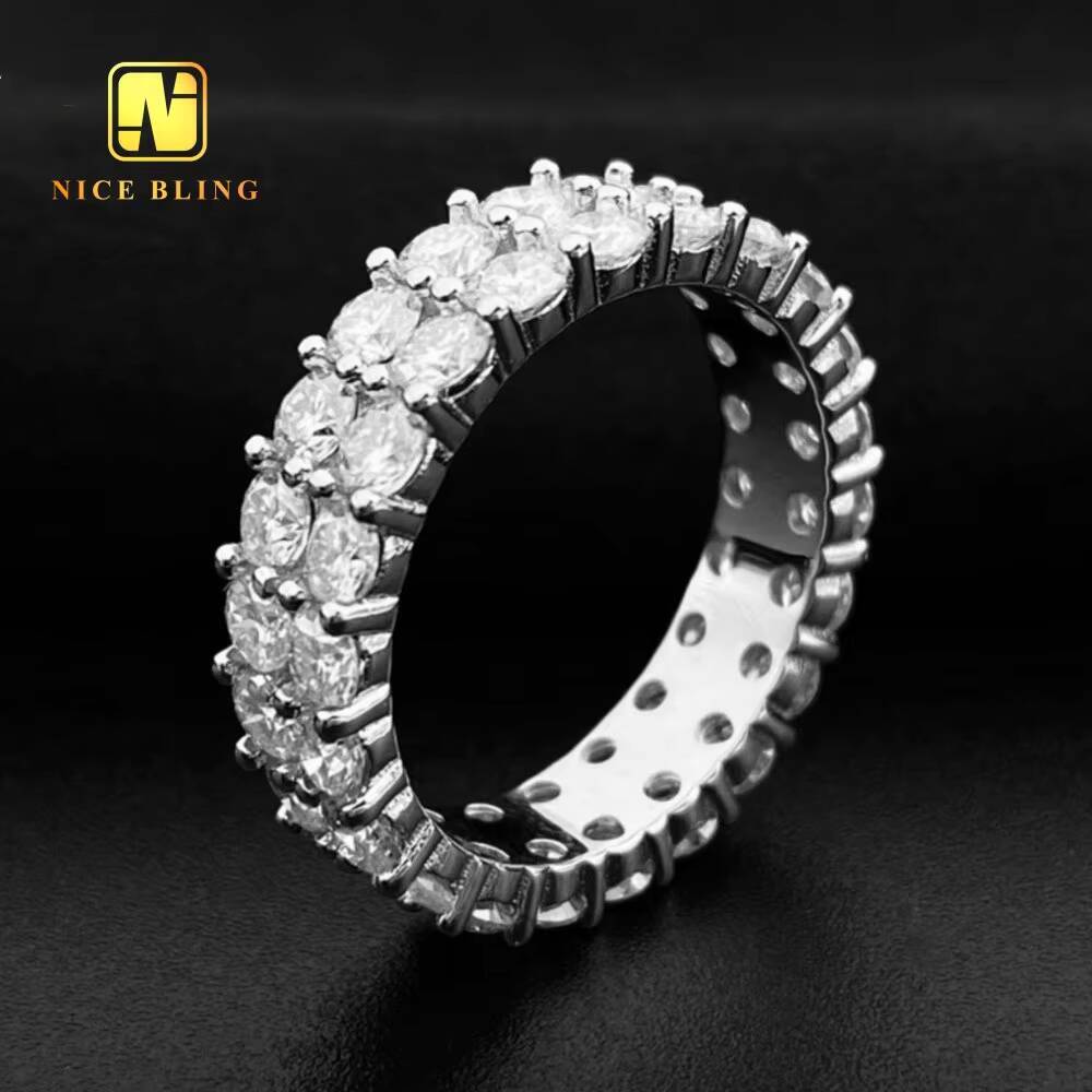 Wholesale Fashion Hiphop Rings 925 Silver Moissanite Diamond Tennis Rings 3mm Double Rows Engagement Wedding Band for Men Women