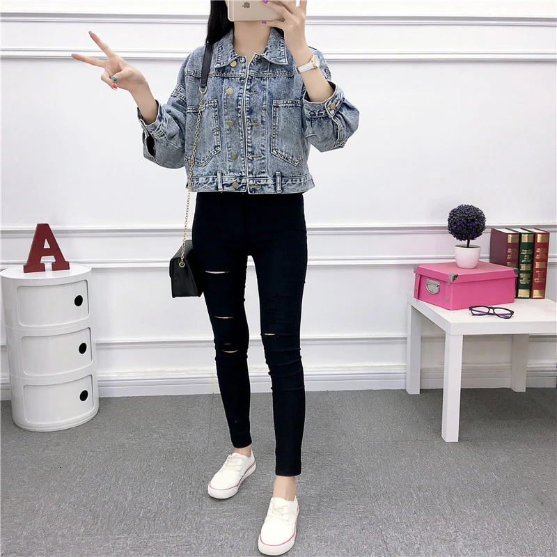 Jean Jacket for Women Spring Autumn Korean Bat Sleeved Short Top Loose BF Style Student Fashion Turndown Collar Denim Coat 260120