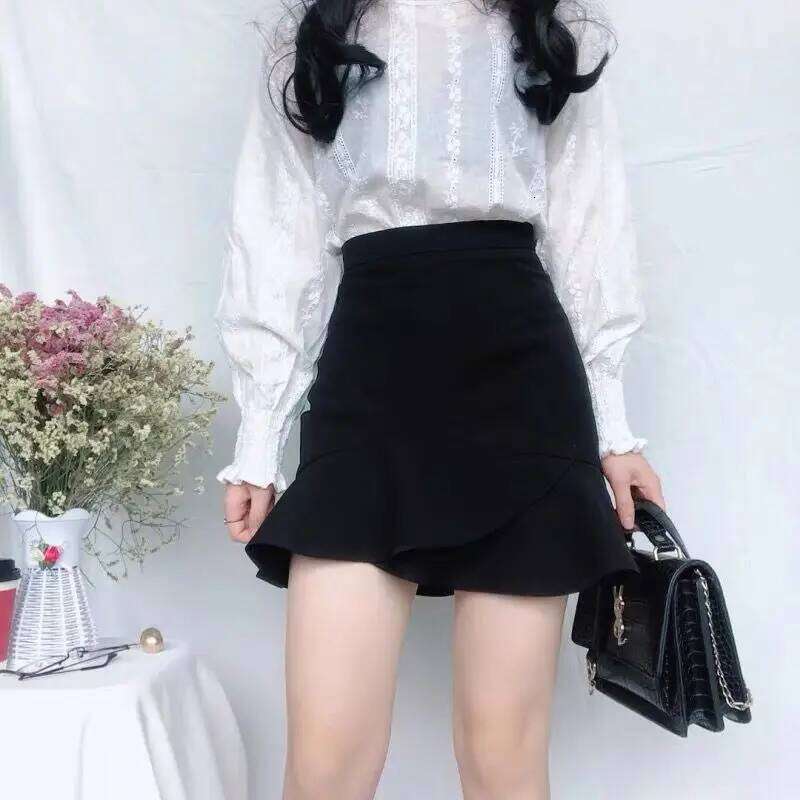 Skirts Women Summer Ruffles Korean Style Hip-skirt Slender Mini Fashion Leisure Solid Ulzzang Black Womens Faldas Chic Retro New XJ260131