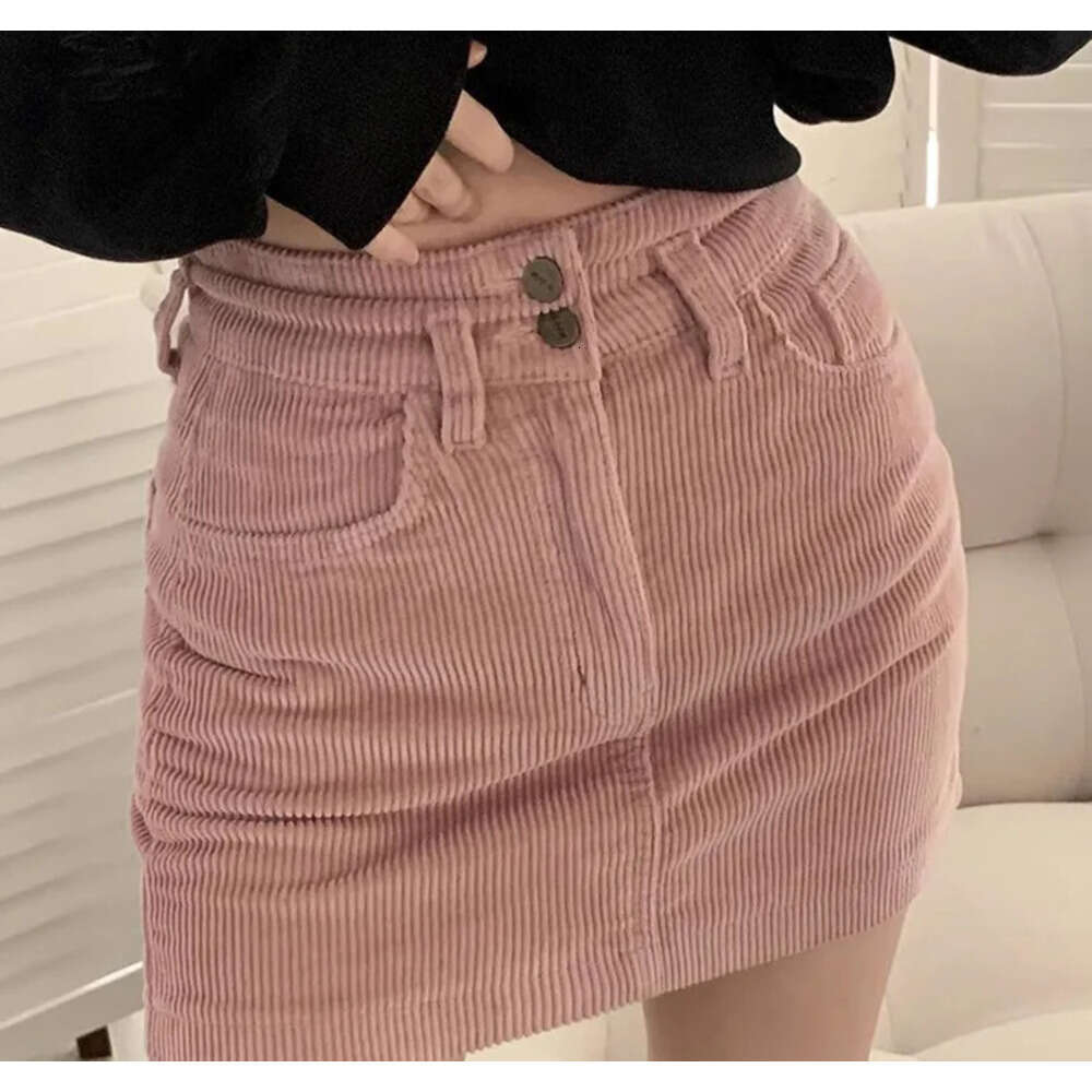 Corduroy Clothes Solid Button Design Date Girls Office Lady Pink Black High Waist Sexy Mini Cute Skirts XJ260131