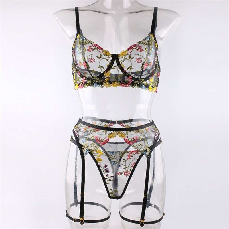 Women's floral embroidery lingerie set - transparent mesh bra and suspender underwear, romantic pajamas for Valentine's Day or role-playing