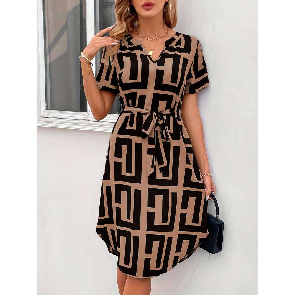 European American temperament, light and mature short sleeved plaid dress, summer vacation small hem belt, V-neck A-line mid XJ260131