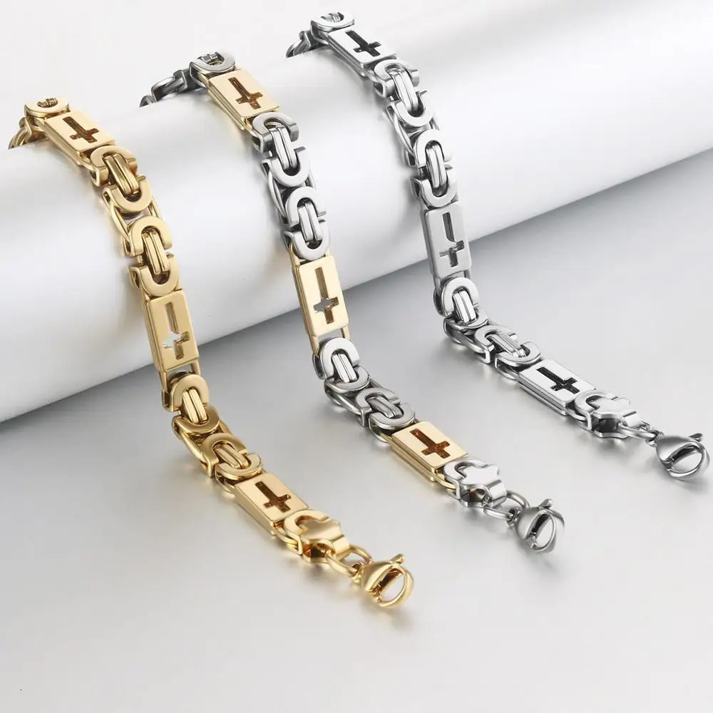 Stainless Steel Byzantine Link Chains Bangle Bracelets for Male Men Cross Chain Bracelet Hip Hop Trendy Wrist Jewelry Gift 260126