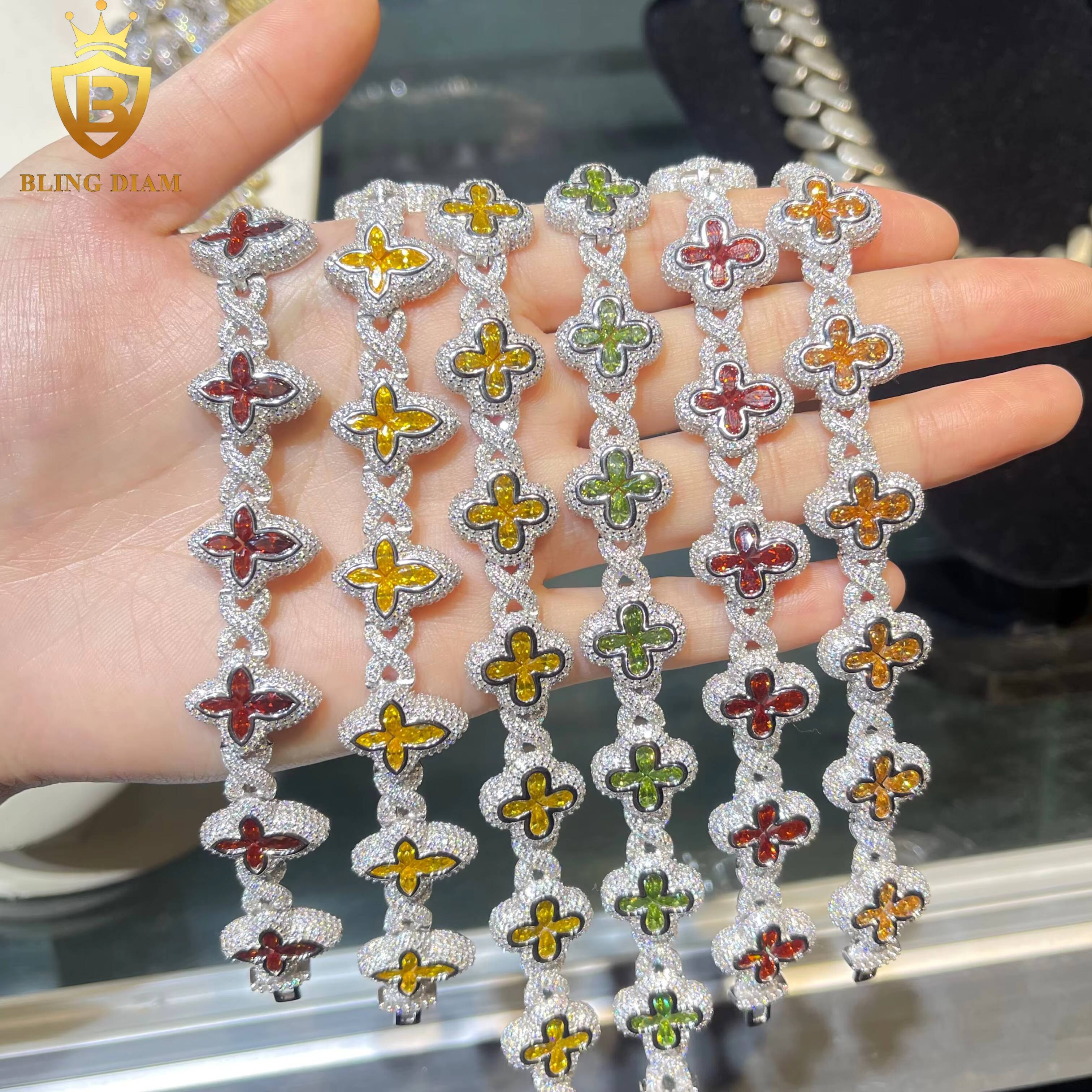 New Cuban Bracelet Cross 4 Clover Flower Hip Hop Men Charms for Jewelry 925 Sliver Green Blue Purple Yellow Red Moissanite