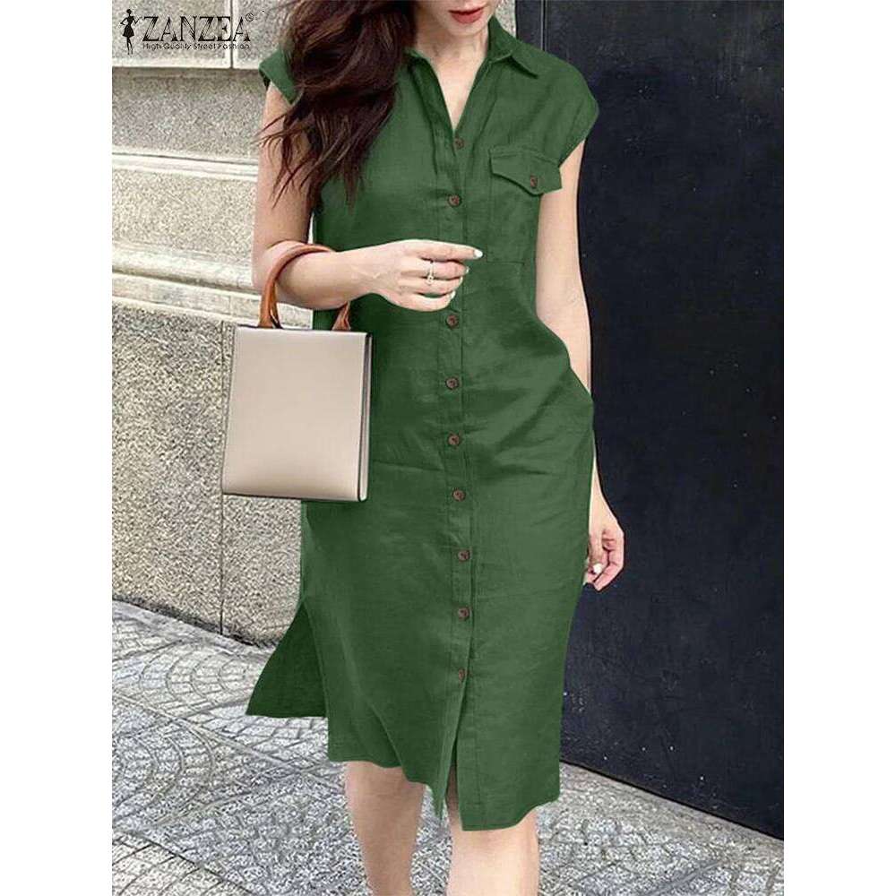 2025 Summer ZANZEA Women Fashion Shirt Dress Elegant Lapel Neck Sleeveless Work OL Dresses Casual Solid Holiday Vestidos XJ260131