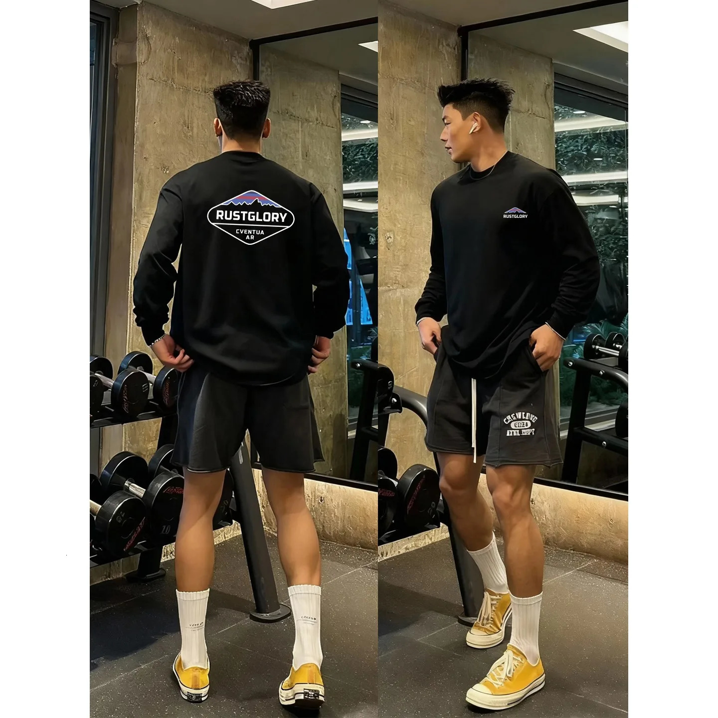 Oversized Slogan Print T-shirt Mens Autumn 100 Cotton Round neck Long sleeved T-shirt Sports Gym Y2k Top men clothing 260118