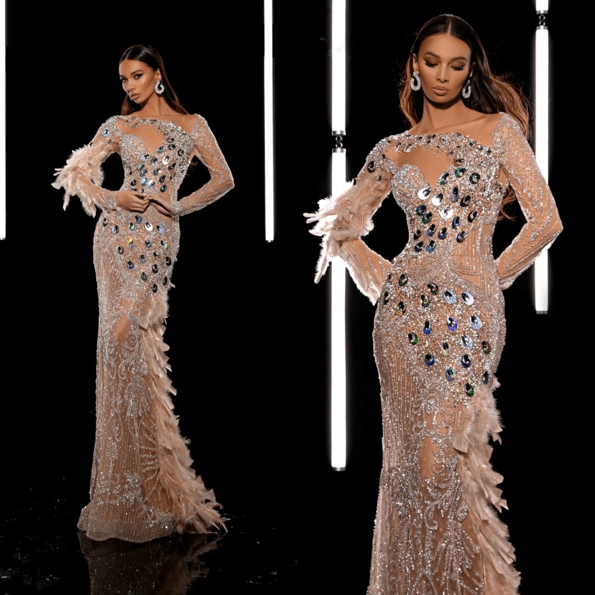 Sparkly Feather Evening Dresses O Neck Sequins Prom Gown Long Sleeves Princess Illusion Mermaid Customized Vestidos De Noche Plus Size