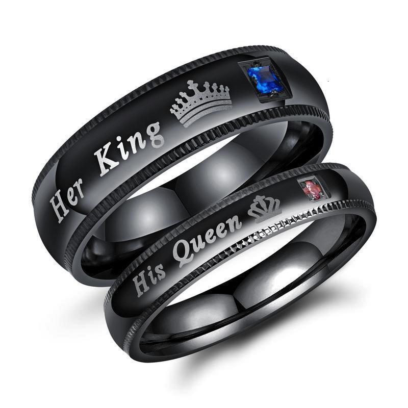 HerkingHisQueen Crown Queen Titanium Steel Black Couple Rings Finger Ring Letter Imprint