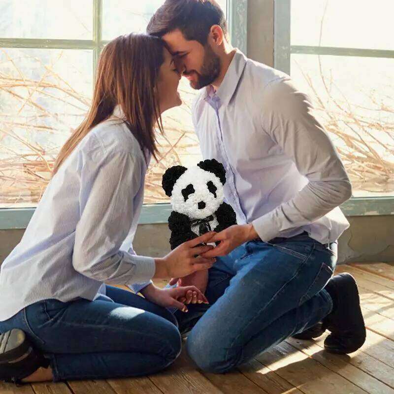 Rose Flower Teddy Bear with Heart/ Bowtie Handmade Panda Doll for Valentine's Day Birthdays Bridal Showers Party Gifts 25cm Y260131