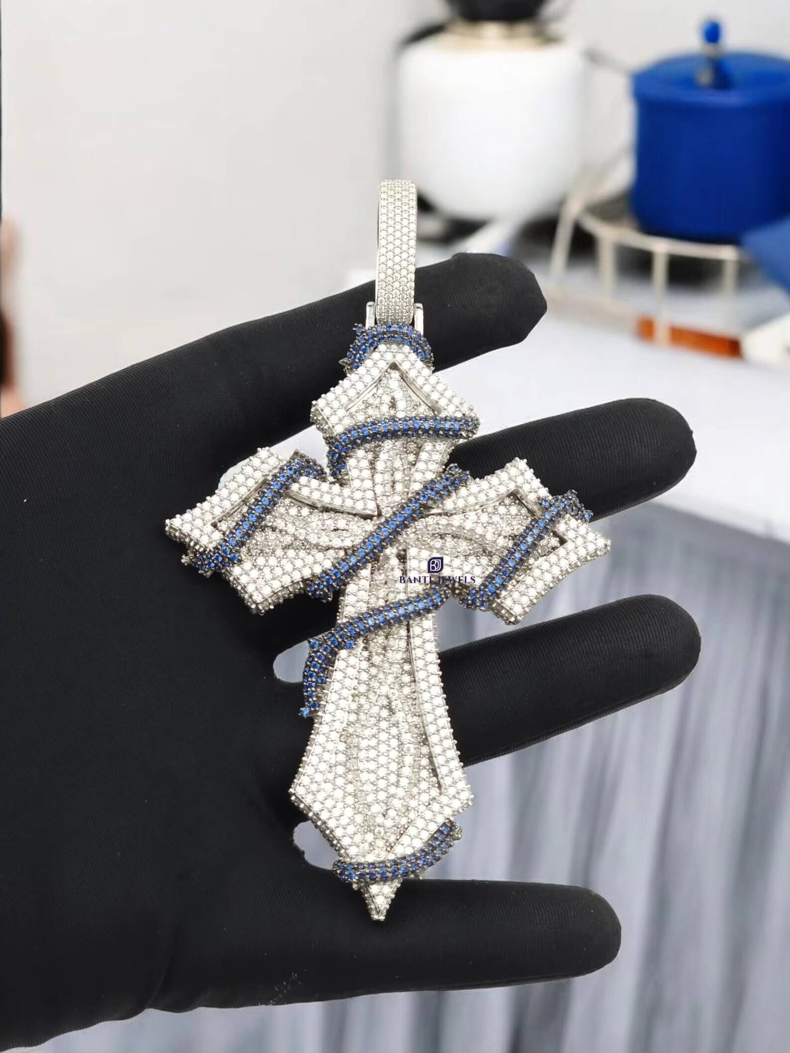 Luxury Iced Out Cross Pendant with Blue Accents VVS Moissanite Hip Hop Jewellery Silver Finish