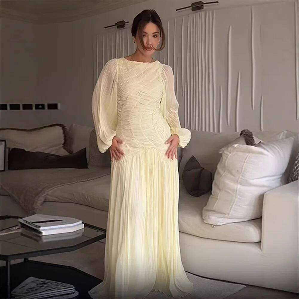 Elegant Pleated Lantern Sleeve Long Women O-Neck Folds Loose Holiday Beach Dress Summer Chic Vestidos