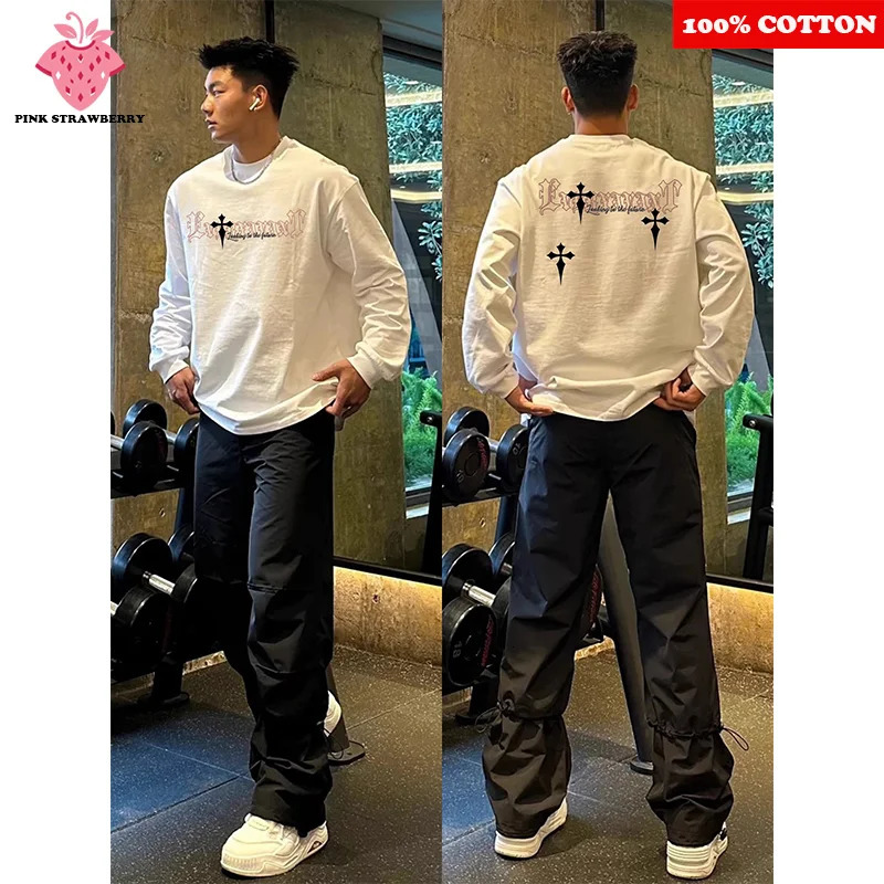 Oversize Street Letter Print T-shirt Men Autumn 100Cotton Round neck White Long sleeved Tee Loose Y2k Top men clothing 260118