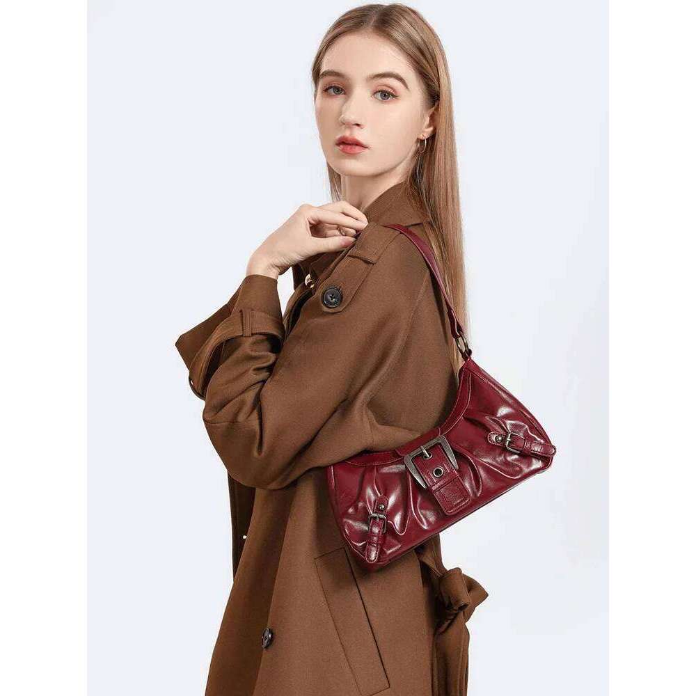 Bags Y2K Retro Style Maillard Pleated Rivet Armpit Bag, Fashionable Ladies Cool Leather Shoulder Bag