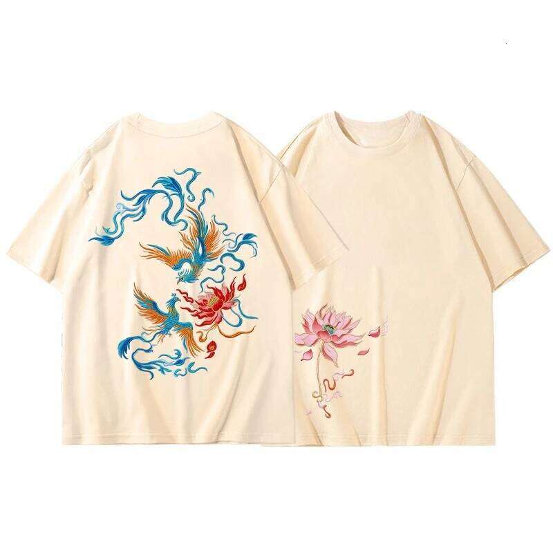 Chinese Style Phoenix Lotus Print Graphic and Women's Short Sleeve T Shirt Men's Sportwear C260131