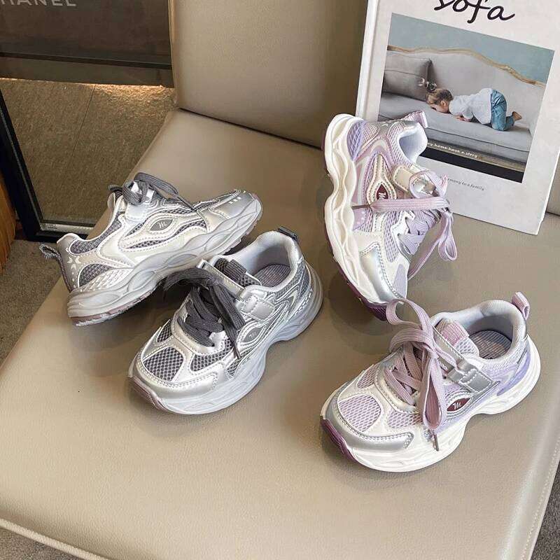 Children's Casual Sneakers 3 - 18 Years Old Silver Mesh Lightweight Girls Four Season Kids Single Boys Shoes Y260128
