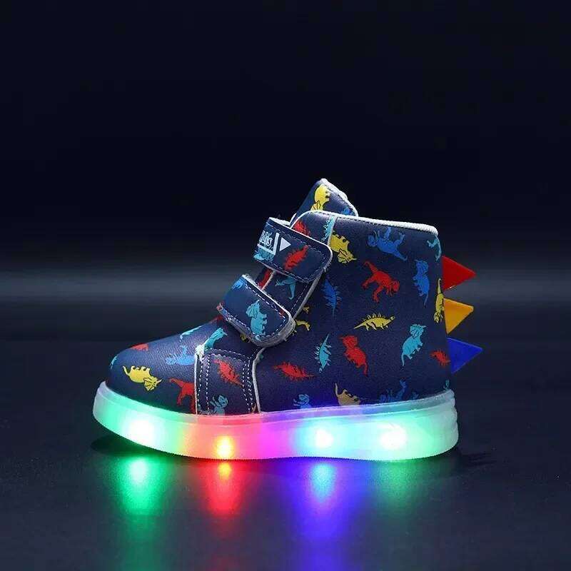 Children's High Top Sneakers 2024 New LED Lighted PU Kids Fashion Dinosaur Print Boys Casual Luminous Board Shoes Y260128