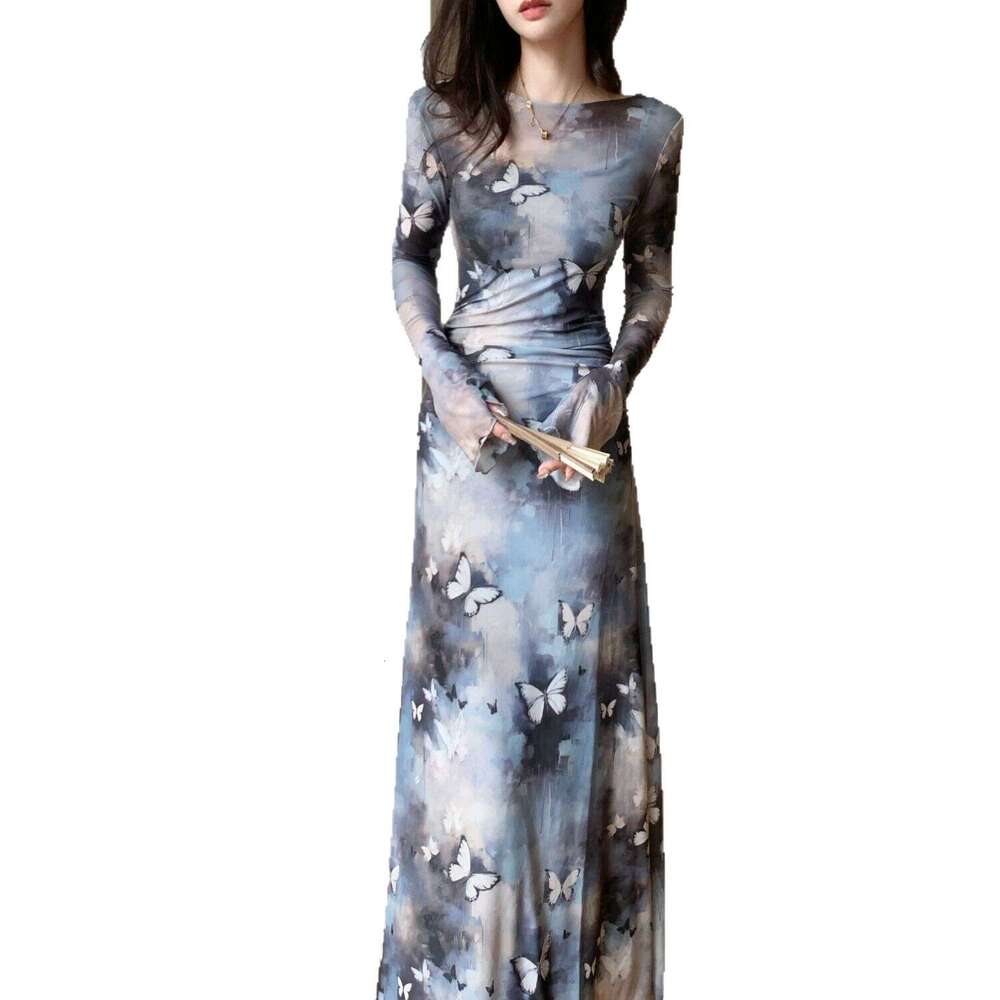 New Cool And Elegant Mesh Long Printed Waist Slim Fit Flared Sleeve Ink Style Dress