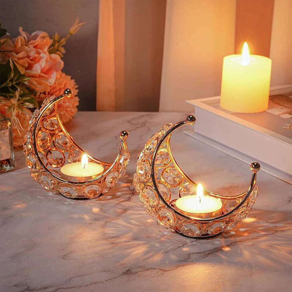 With Crystal Beads For Romantic Atmosphere Moon Holder Metal Candle Stand silvery Y260131
