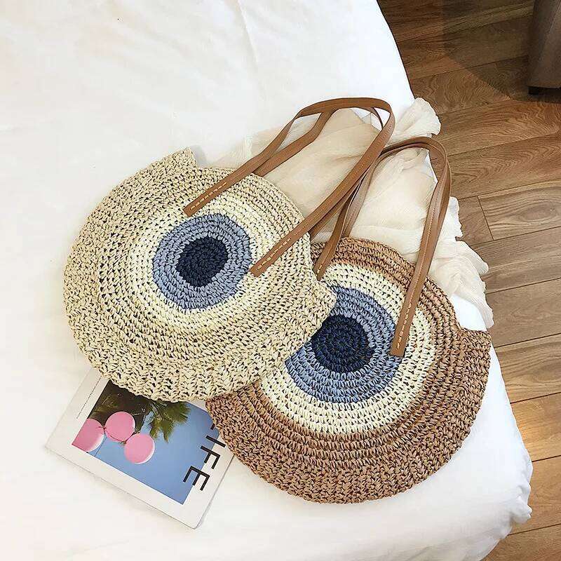 Large Capacity Round Fashionable Straw Woven Shoulder Bag Handmade Summer Beach Travel Holiday Women Tote Bags XJ260130