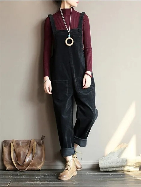 S5XL Women Corduroy Jumpsuit Pocket Wide Leg Solid Color Loose Sleeveless Simple Autumn Playsuits Rompers Streetwear 260120