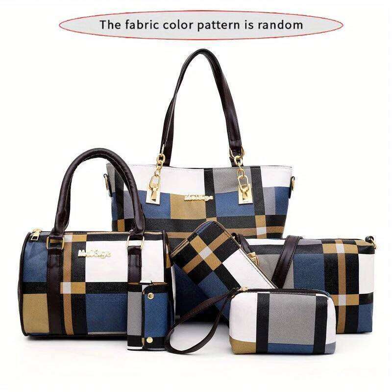 6pcs/set Large Capacity Shoulder Bag with Checkered Pattern and Multiple Functions Handbag, Crossbody Clutch Bag, Wallet