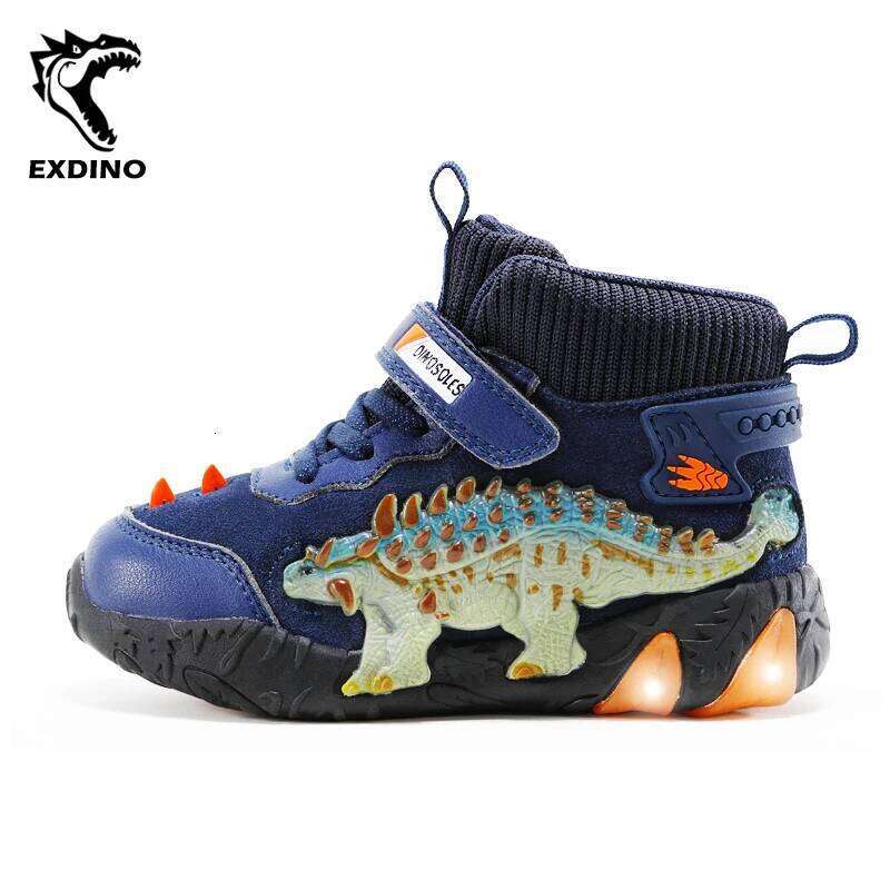 Children's Dinosaur Flash Shoes Autumn Winter for Boys New Genuine Leather Little Kids LED Light Up Casual Glowing Sneakers Y260128