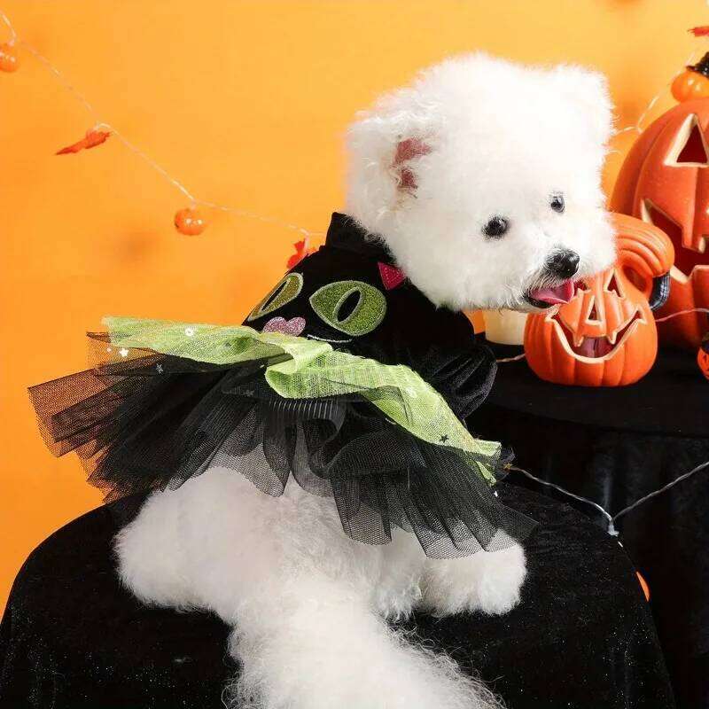 Cute Halloween Gauze Pet Clothes Dog Cat Black Thickened Thermal Funny Green Splicing Open Button Dress H260130