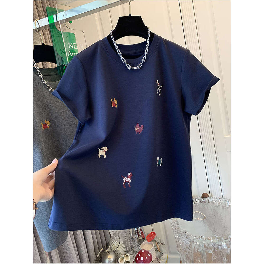 European Goods 150Kg Extra Large Embroidered Cartoon Brushed Cotton Short Sleeve T-Shirt Base Shirt For Women Spring And Autumn Loose Versatile Top