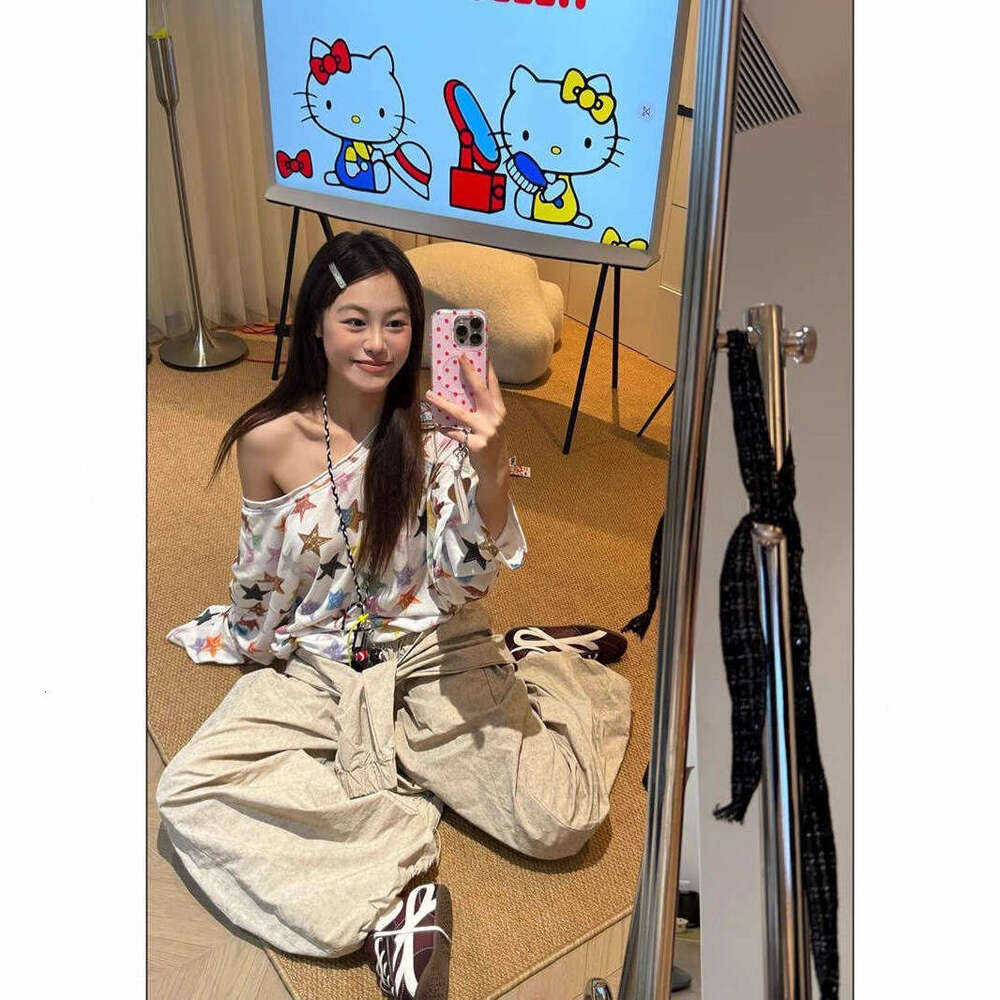 American Style Full Colorful Star Print Asymmetrical Long Sleeve T-Shirt Women's Summer Lightweight Off-Shoulder Sun Protection Cover-Up